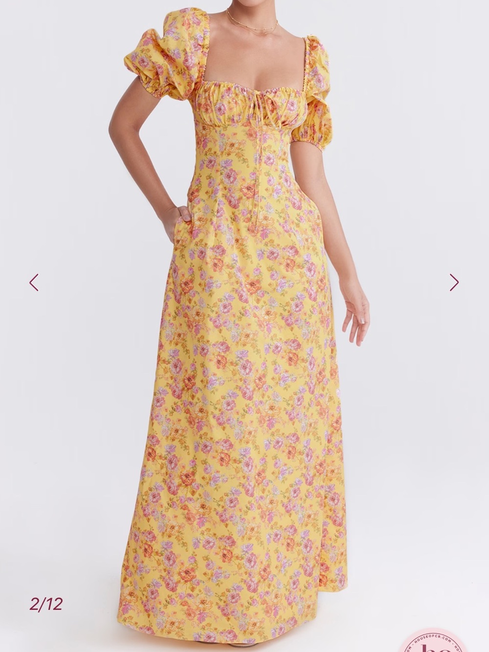 House of CB Yellow Floral Puff-Sleeve Maxi Dress with Sweetheart Bodice - Picture 2 of 13
